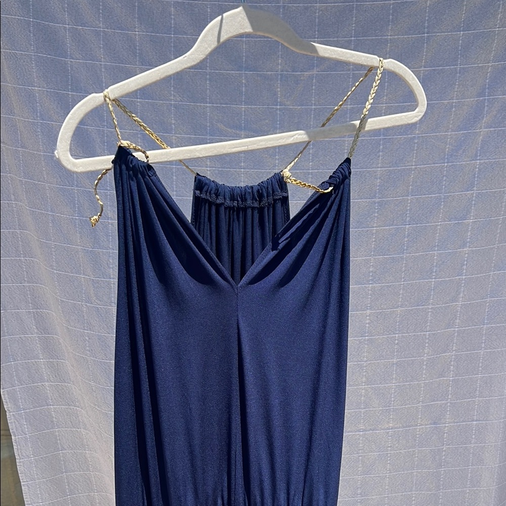 Tiana B. Blue Jumpsuit with V-Neck and Wide-Leg Fit